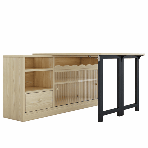 Mesa de jantar extensível com arrumação - Mesa de jantar moderna e móvel, mesa dobrável com grande arrumação, giratória a 360° - Natural