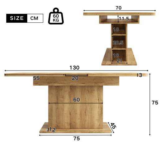 Mesa de jantar extensível moderna com arrumação por baixo - Natural