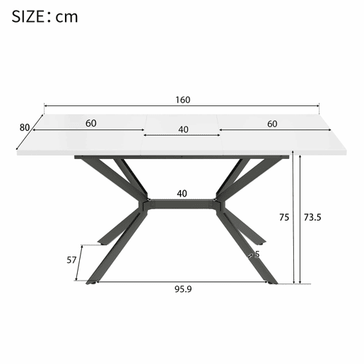 Mesa de jantar extensível 120160*80 cm - pernas em metal preto - branco