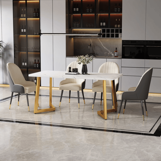Mesa de jantar - tampo em mármore - pés em metal dourado - 117x68cm - Branco e dourado