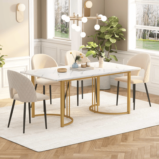 Mesa de jantar 140x80 cm com pés reguláveis - estrutura metálica - folheado de mármore - Branco e dourado
