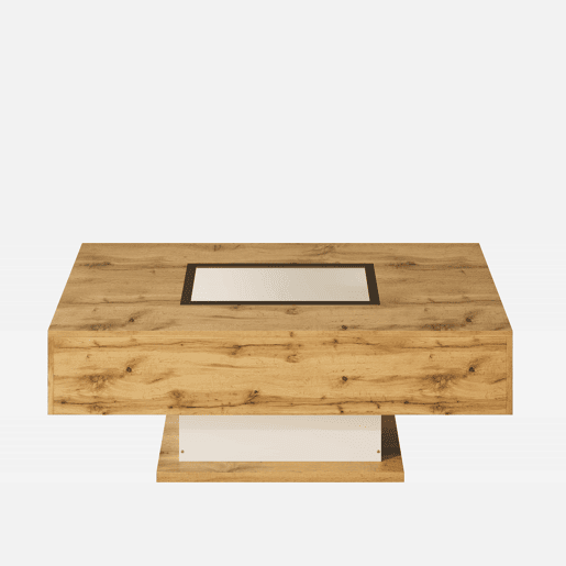 Mesa de centro - com LED que muda de cor, com vidro, mesa auxiliar com duas gavetas - Natural