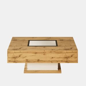Mesa de centro - com LED que muda de cor, com vidro, mesa auxiliar com duas gavetas - Natural