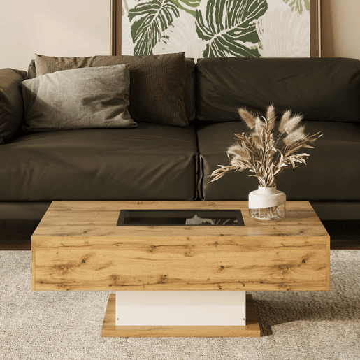 Mesa de centro - com LED que muda de cor, com vidro, mesa auxiliar com duas gavetas - Natural