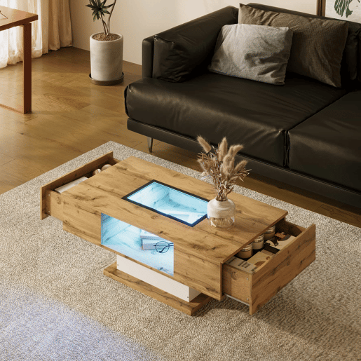 Mesa de centro - com LED que muda de cor, com vidro, mesa auxiliar com duas gavetas - Natural