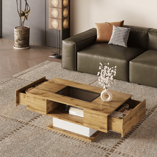 Mesa de centro - com LED que muda de cor, com vidro, mesa auxiliar com duas gavetas - Natural