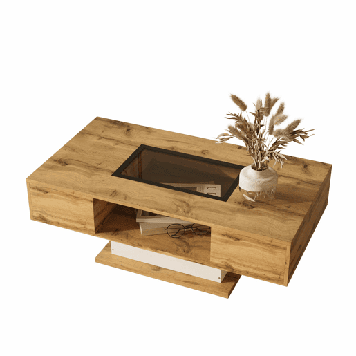 Mesa de centro - com LED que muda de cor, com vidro, mesa auxiliar com duas gavetas - Natural