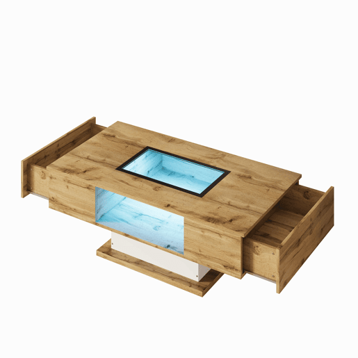 Mesa de centro - com LED que muda de cor, com vidro, mesa auxiliar com duas gavetas - Natural