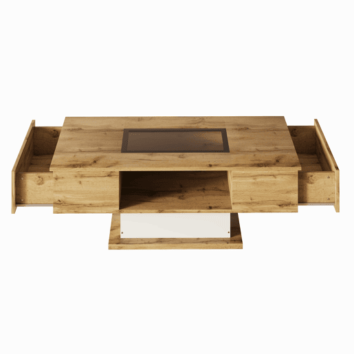 Mesa de centro - com LED que muda de cor, com vidro, mesa auxiliar com duas gavetas - Natural