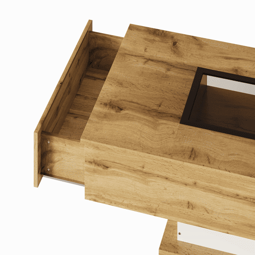 Mesa de centro - com LED que muda de cor, com vidro, mesa auxiliar com duas gavetas - Natural