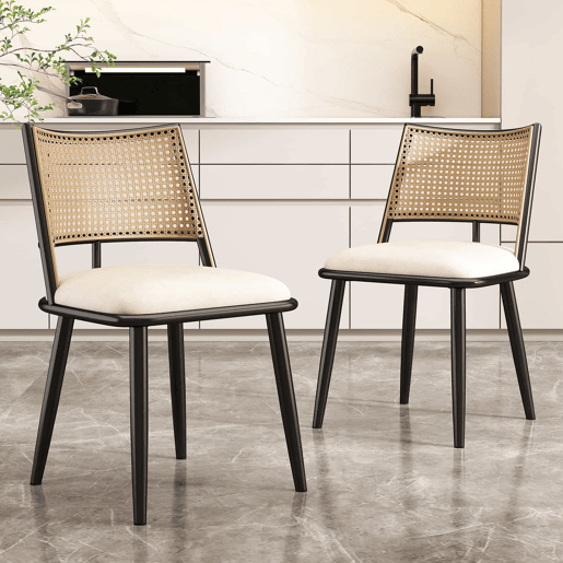 Conjunto de 2 cadeiras de jantar com almofada em pele sintética e encosto em PE rattan - Preto