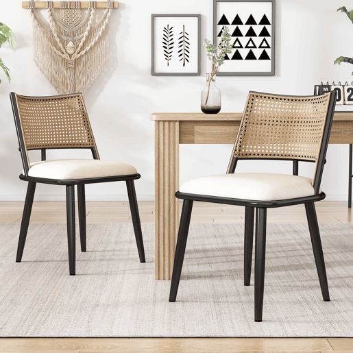 Conjunto de 2 cadeiras de jantar com almofada em pele sintética e encosto em PE rattan - Preto