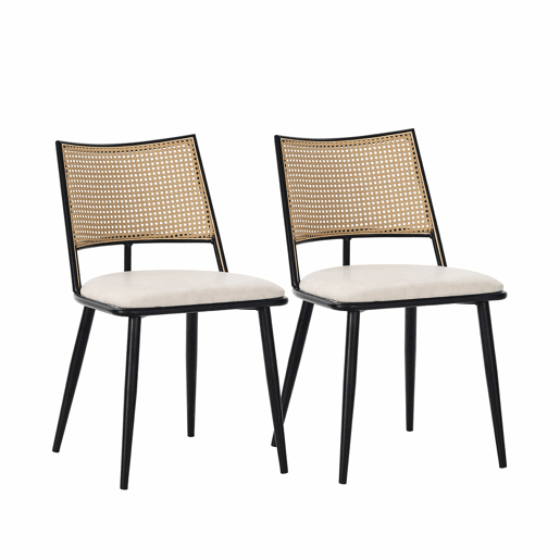 Conjunto de 2 cadeiras de jantar com almofada em pele sintética e encosto em PE rattan - Preto