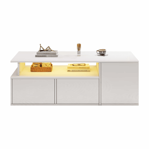 Mesa de centro 100x50x35 cm - Sofá com LED, mesa de café com 2 gavetas, capacidade de carga de 60 kg, branco