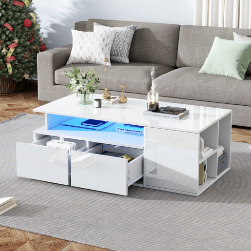 Mesa de centro 100x50x35 cm - Sofá com LED, mesa de café com 2 gavetas, capacidade de carga de 60 kg, branco