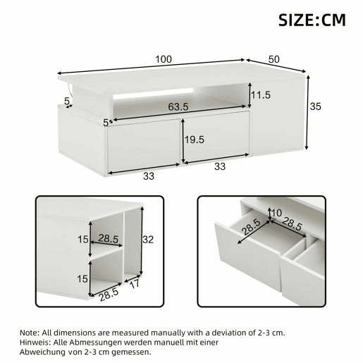 Mesa de centro 100x50x35 cm - Sofá com LED, mesa de café com 2 gavetas, capacidade de carga de 60 kg, branco