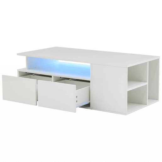 Mesa de centro 100x50x35 cm - Sofá com LED, mesa de café com 2 gavetas, capacidade de carga de 60 kg, branco