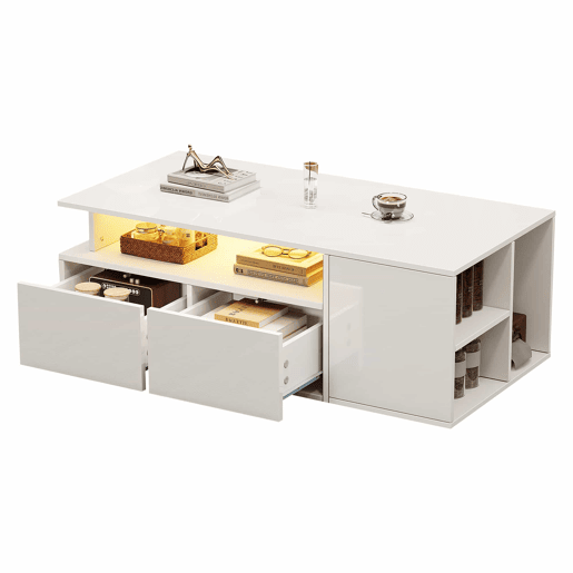 Mesa de centro 100x50x35 cm - Sofá com LED, mesa de café com 2 gavetas, capacidade de carga de 60 kg, branco