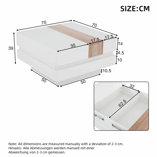 Mesa auxiliar 70x70x39 cm - Mesa de centro com tampo extensível, arrumação oculta, branca + cor principal Mesa auxiliar 70x70x39 cm - Mesa de centro com tampo extensível, arrumação oculta, branca + cor principal