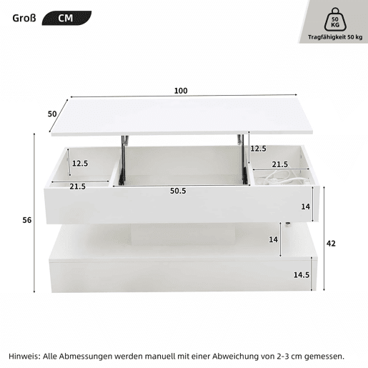 Mesa de centro 100x50x42 cm - Com iluminação LED e arrumação oculta - Branco