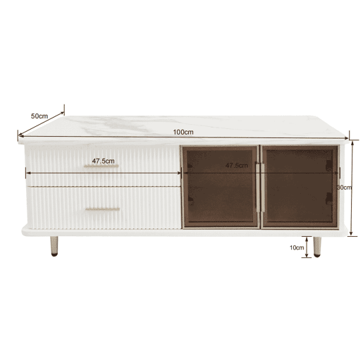 Mesa de centro escandinava - 2 gavetas e 2 portas - LED integrado - folheado a mármore - Branco Mesa de centro escandinava - 2 gavetas e 2 portas - LED integrado - folheado a mármore - Branco
