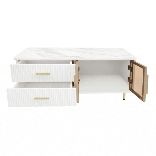 Mesa de centro escandinava - 2 gavetas e 2 portas - LED integrado - folheado a mármore - Branco Mesa de centro escandinava - 2 gavetas e 2 portas - LED integrado - folheado a mármore - Branco