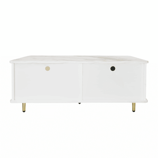 Mesa de centro escandinava - 2 gavetas e 2 portas - LED integrado - folheado a mármore - Branco Mesa de centro escandinava - 2 gavetas e 2 portas - LED integrado - folheado a mármore - Branco
