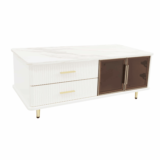 Mesa de centro escandinava - 2 gavetas e 2 portas - LED integrado - folheado a mármore - Branco Mesa de centro escandinava - 2 gavetas e 2 portas - LED integrado - folheado a mármore - Branco