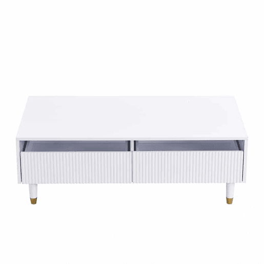 Mesa de centro LED moderna - tampo ondulado, 2 gavetas, luzes LED mutáveis - dourado-branco
