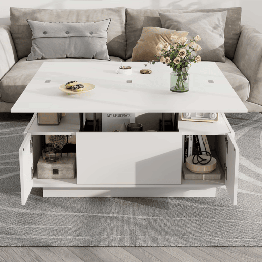 Mesa de centro moderna com mecanismo duplo elevável, arrumação oculta, suporta até 50 kg - Branco