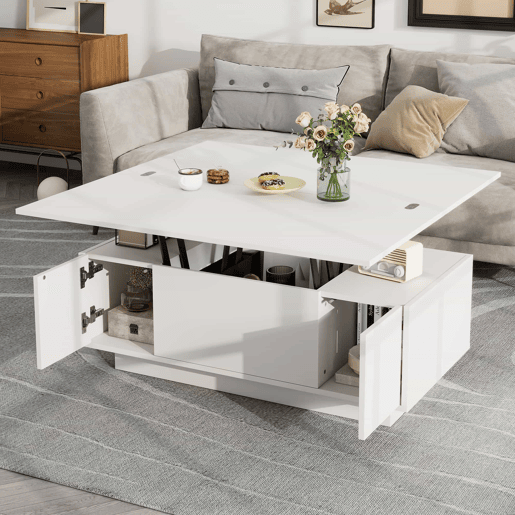 Mesa de centro moderna com mecanismo duplo elevável, arrumação oculta, suporta até 50 kg - Branco