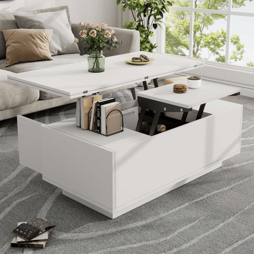 Mesa de centro moderna com mecanismo duplo elevável, arrumação oculta, suporta até 50 kg - Branco