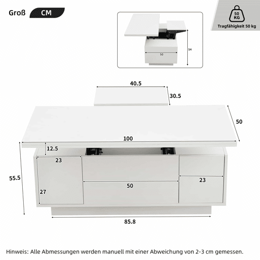 Mesa de centro moderna com mecanismo duplo elevável, arrumação oculta, suporta até 50 kg - Branco