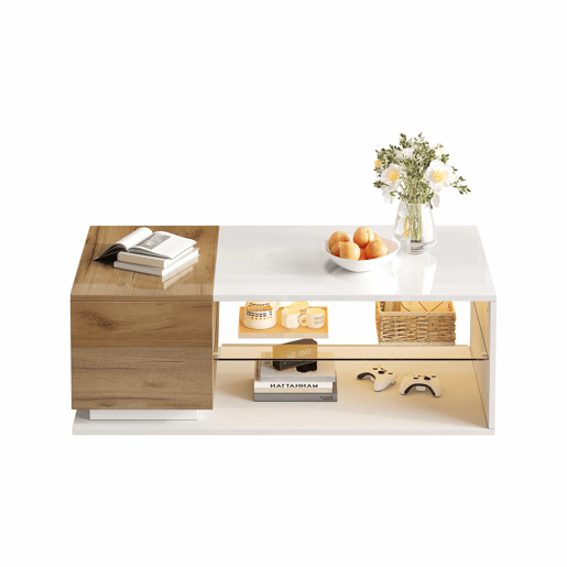 Mesa de café LED 105x50x36cm - Mesa de sala com iluminação LED, mesa com arrumação - Branco + Natural