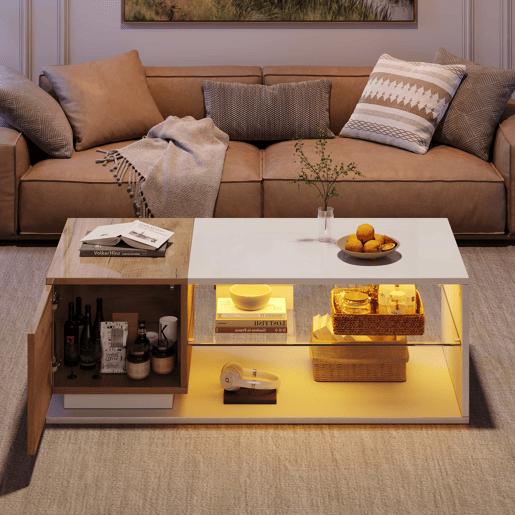 Mesa de café LED 105x50x36cm - Mesa de sala com iluminação LED, mesa com arrumação - Branco + Natural