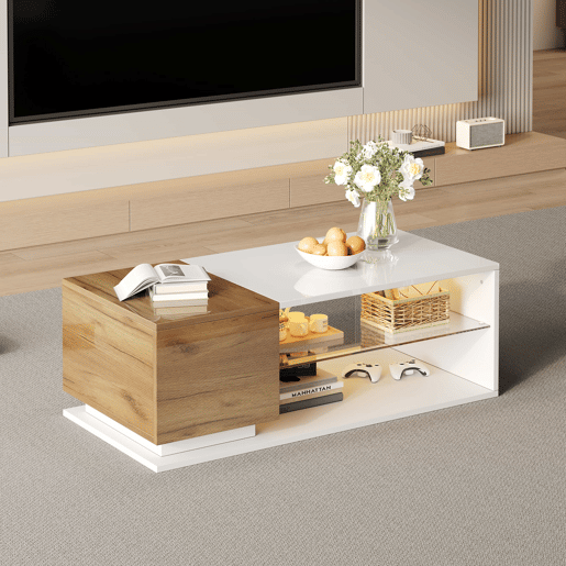 Mesa de café LED 105x50x36cm - Mesa de sala com iluminação LED, mesa com arrumação - Branco + Natural