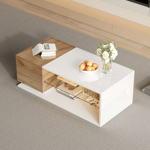 Mesa de café LED 105x50x36cm - Mesa de sala com iluminação LED, mesa com arrumação - Branco + Natural