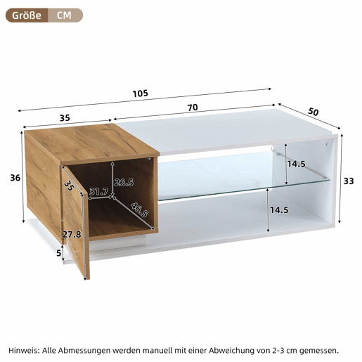 Mesa de café LED 105x50x36cm - Mesa de sala com iluminação LED, mesa com arrumação - Branco + Natural