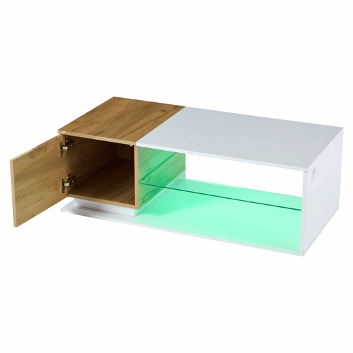 Mesa de café LED 105x50x36cm - Mesa de sala com iluminação LED, mesa com arrumação - Branco + Natural