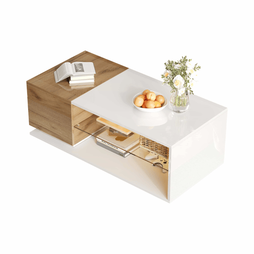 Mesa de café LED 105x50x36cm - Mesa de sala com iluminação LED, mesa com arrumação - Branco + Natural
