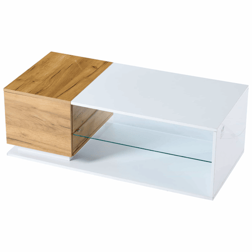 Mesa de café LED 105x50x36cm - Mesa de sala com iluminação LED, mesa com arrumação - Branco + Natural