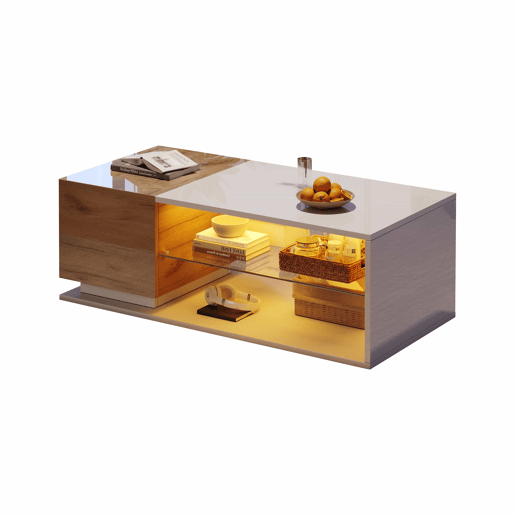 Mesa de café LED 105x50x36cm - Mesa de sala com iluminação LED, mesa com arrumação - Branco + Natural