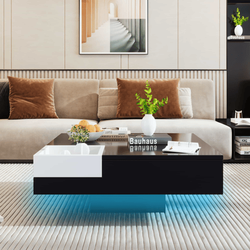 Mesa de centro quadrada com caixa de arrumação extraível - Luzes LED na parte inferior - Preto