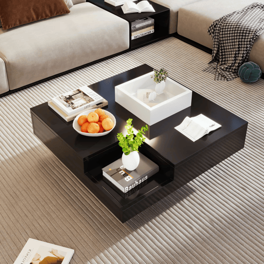 Mesa de centro quadrada com caixa de arrumação extraível - Luzes LED na parte inferior - Preto