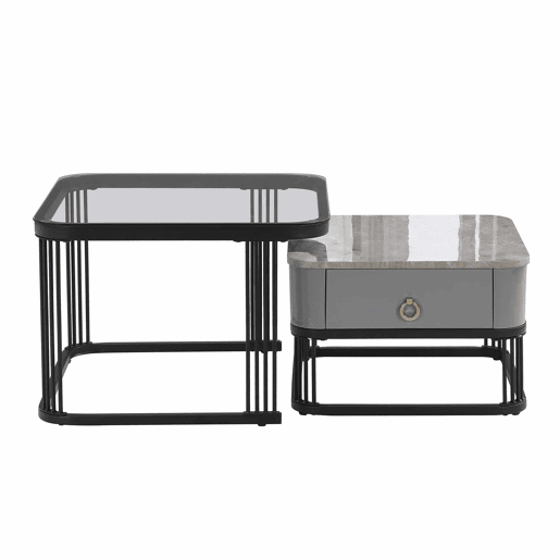 Mesa de centro empilhável - 2 peças - alto brilho com design em mármore e vidro, pernas pretas, com gavetas