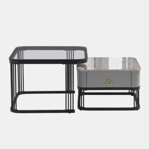 Mesa de centro empilhável - 2 peças - alto brilho com design em mármore e vidro, pernas pretas, com gavetas