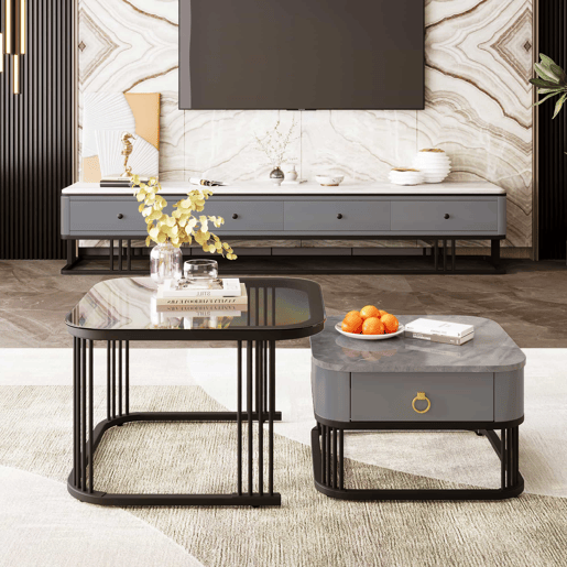 Mesa de centro empilhável - 2 peças - alto brilho com design em mármore e vidro, pernas pretas, com gavetas