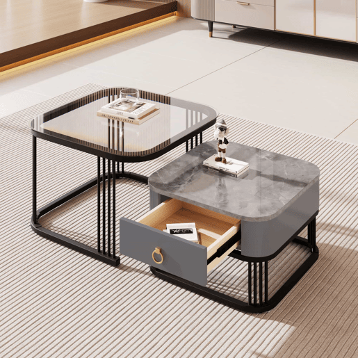 Mesa de centro empilhável - 2 peças - alto brilho com design em mármore e vidro, pernas pretas, com gavetas