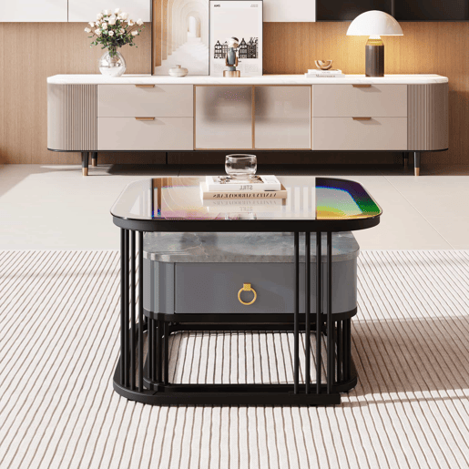 Mesa de centro empilhável - 2 peças - alto brilho com design em mármore e vidro, pernas pretas, com gavetas