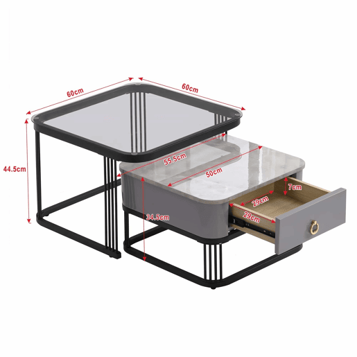 Mesa de centro empilhável - 2 peças - alto brilho com design em mármore e vidro, pernas pretas, com gavetas
